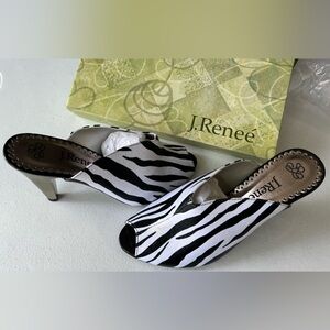 Womens Black White Zebra Print Leather Peep Toe Slip-On Mule